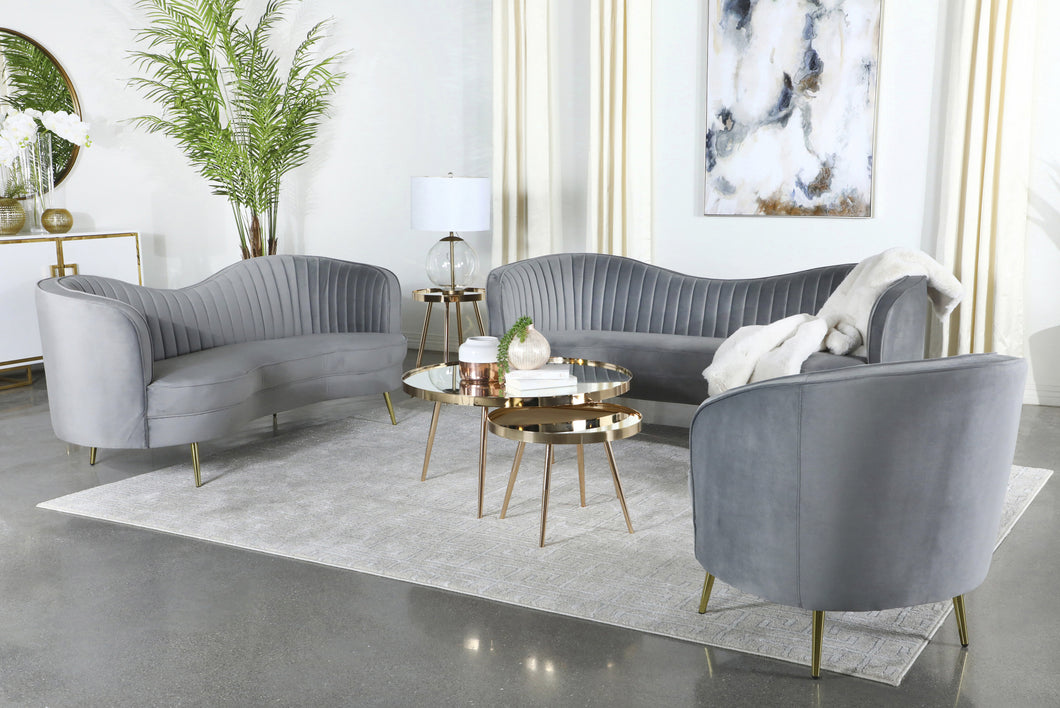 Sophia 2-piece Upholstered Living Room Set with Camel Back Grey and Gold